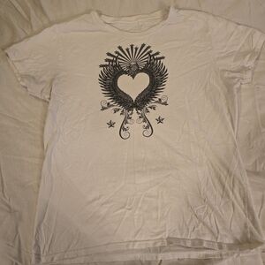 White Graphic Tee with Heart and Wings Design